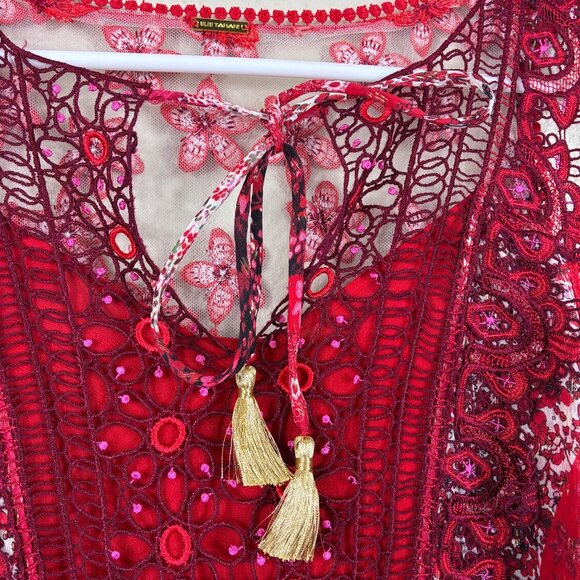 Ellie Tahari McKenna Sleeveless Floral Chiffon Silk Red Lace Metallic Stripe Sz - Picture 2 of 10